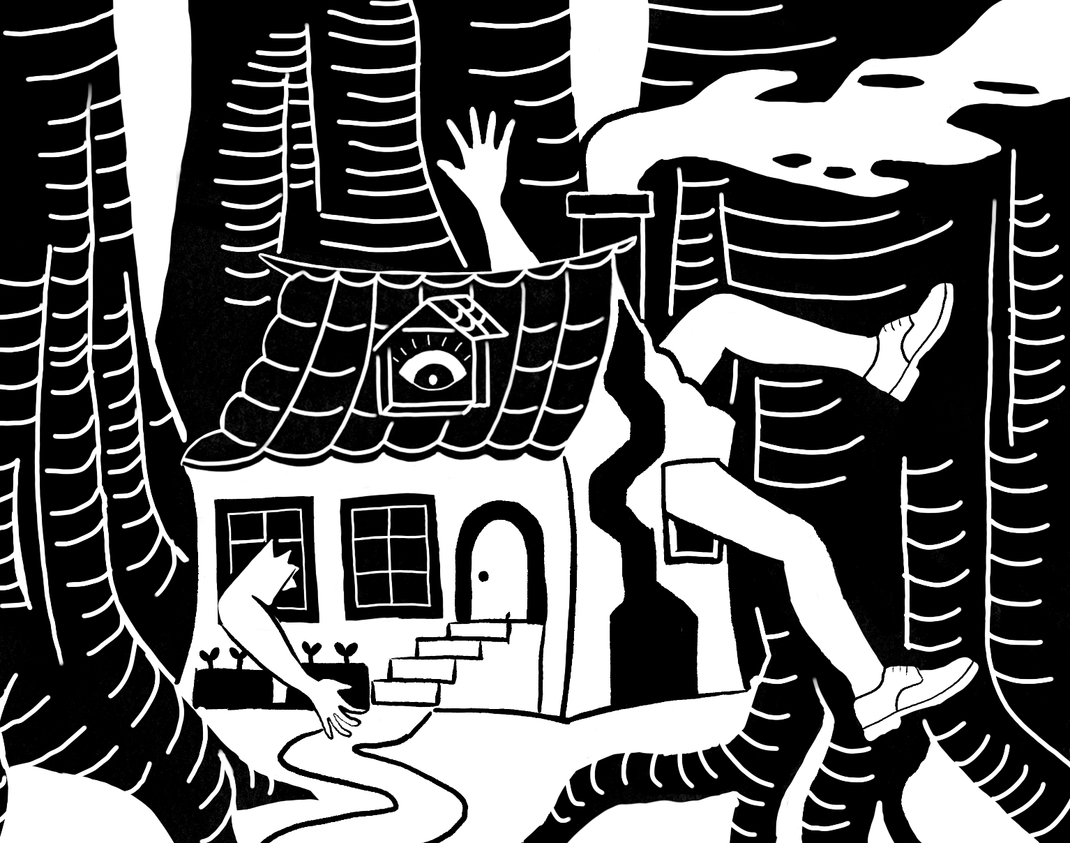 Work in progress showing forest with  girl in miniature house in with arms and legs sticking out of windows