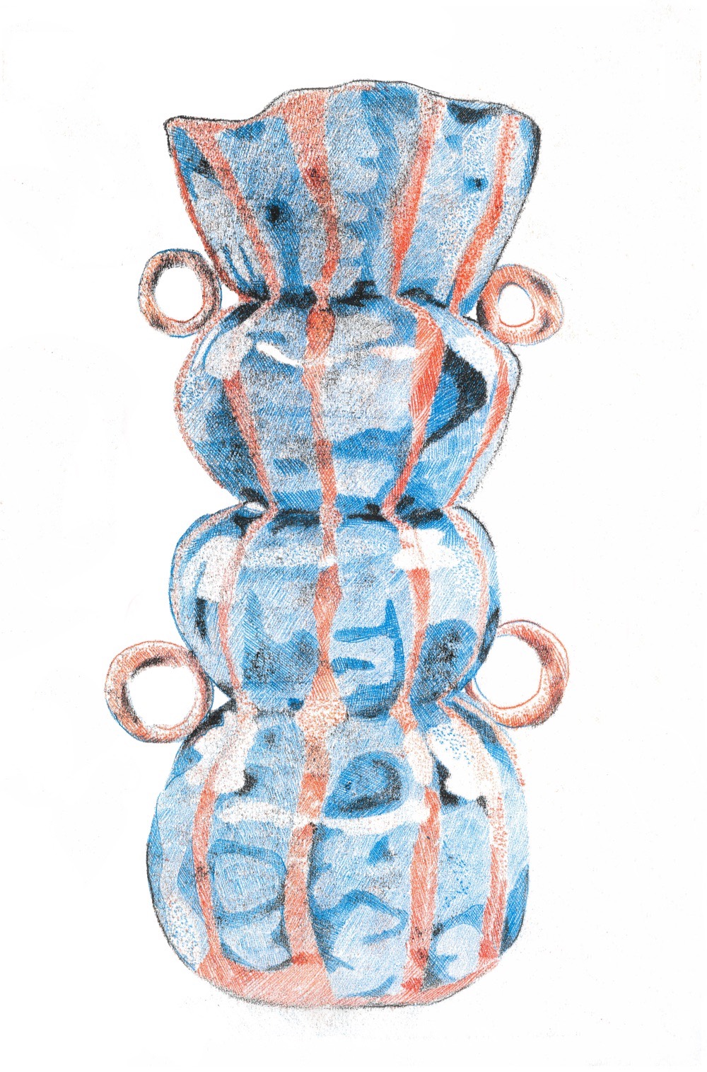 Monotype print of vase in blue and red
