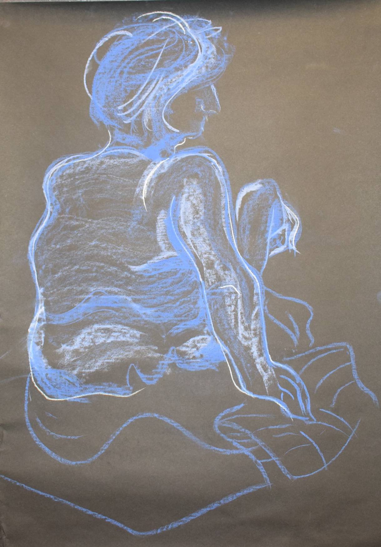 Drawing of seated human figure seen from behind