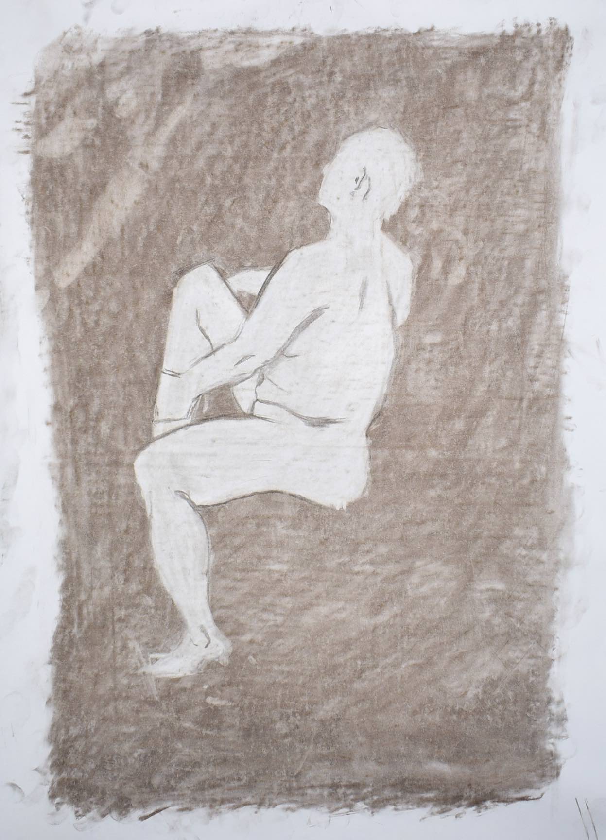 Drawing of seated human figure seen from behind