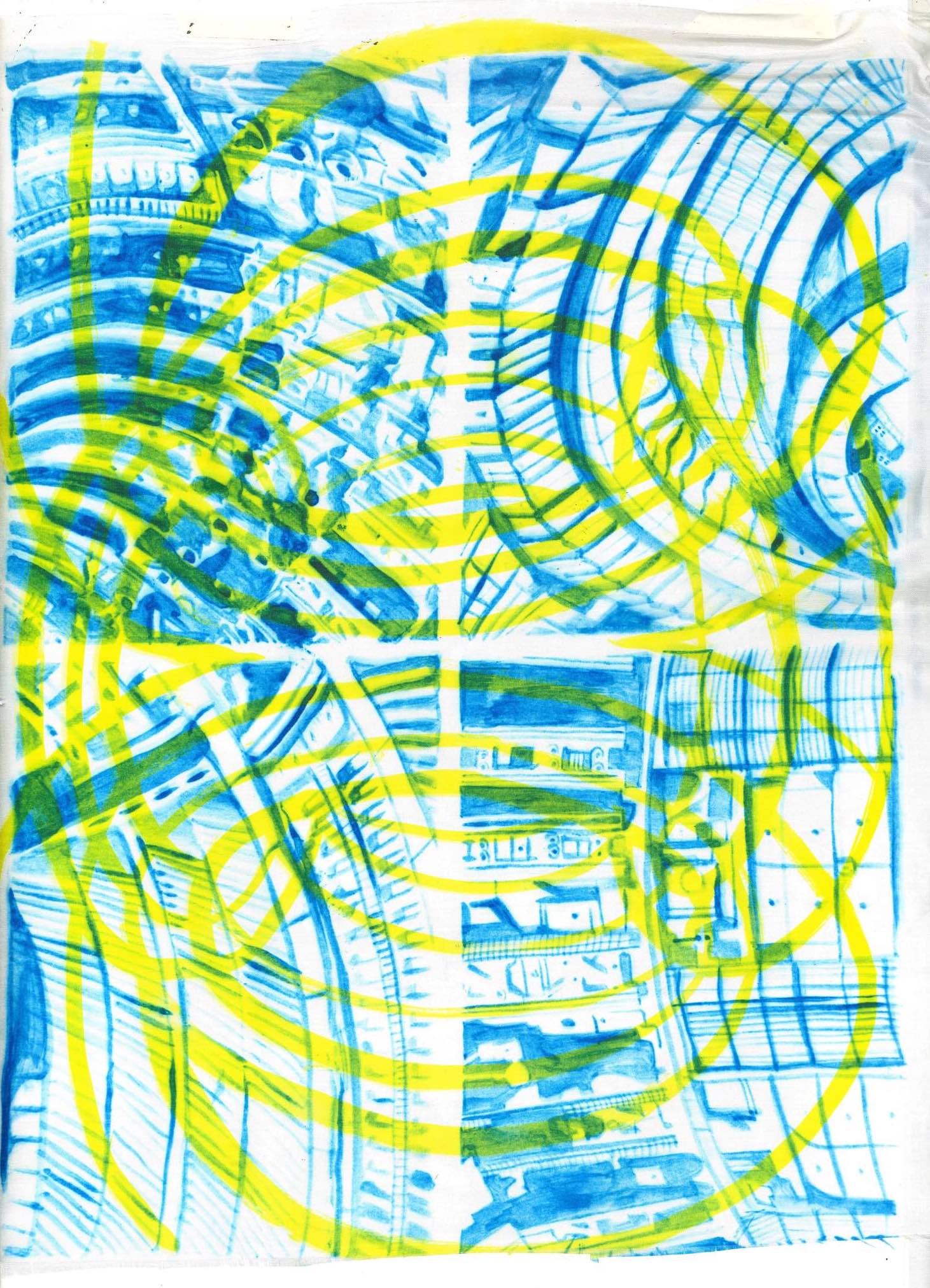 Abstract compositions of fusion reactor in yellow and blue