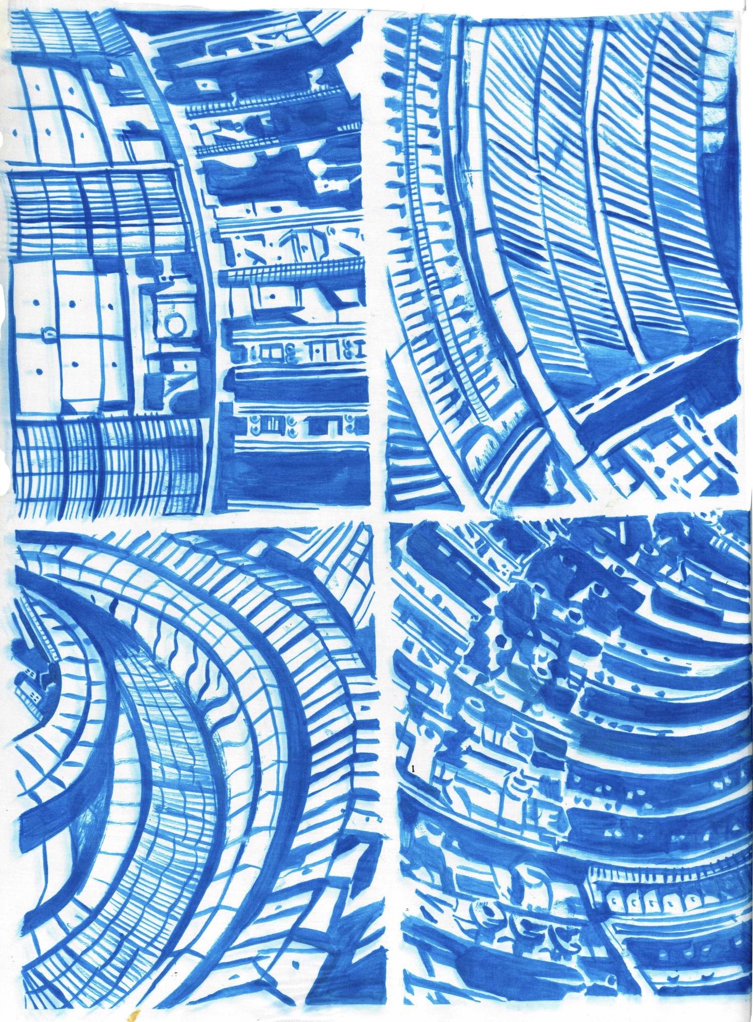 Abstract blue image blue in four panels of a fusion reactor
