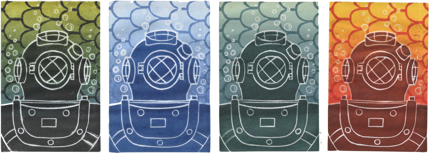Four prints of  Victorian era deep sea divers in different colours