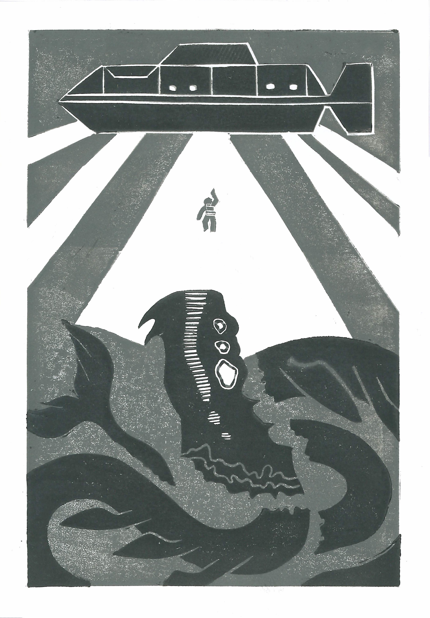 Print of submarine with searchlights illuminating diver below and Jabberwocky as sea monster