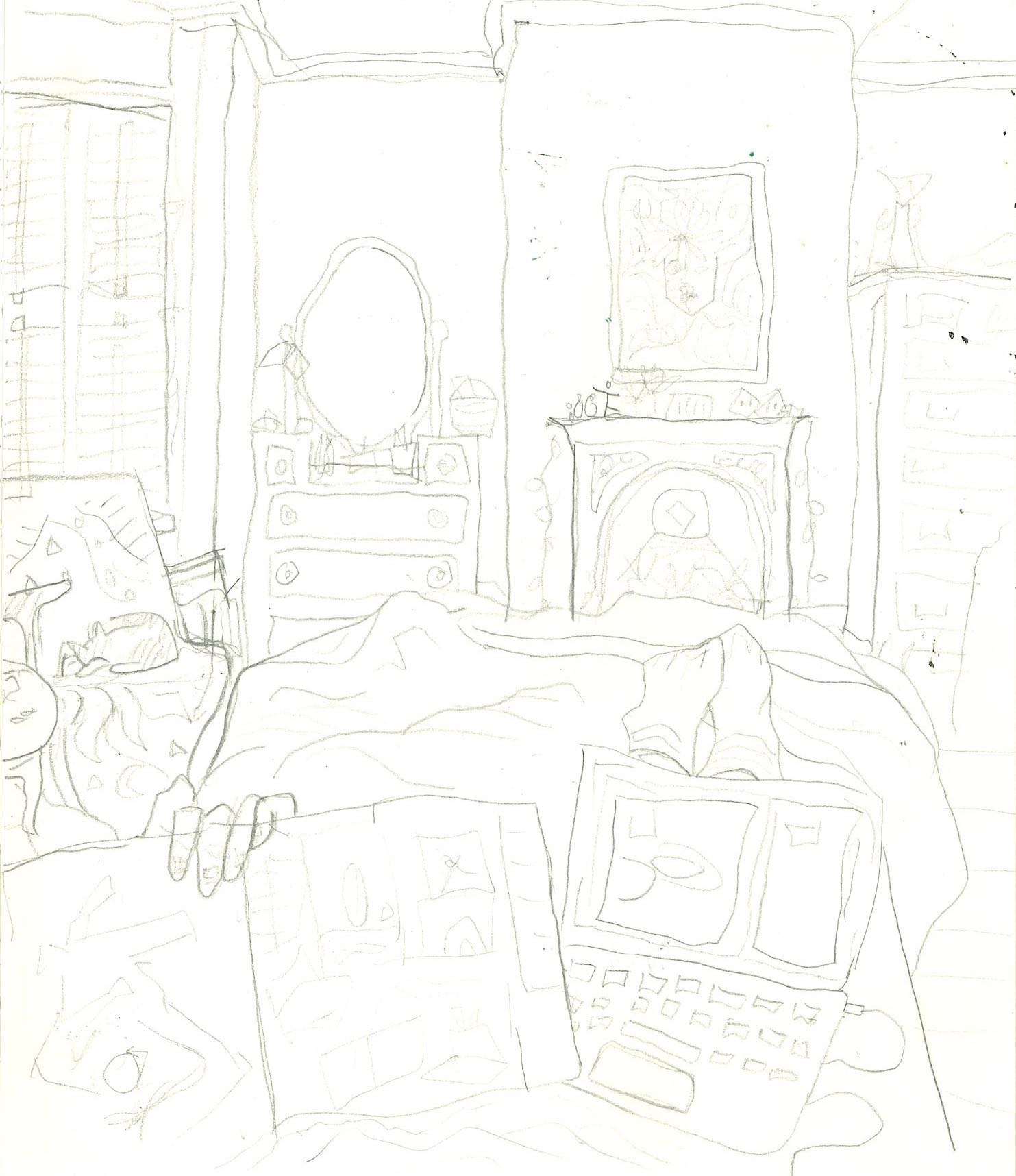 Pencil sketch of bedroom seen from viewpoint of bed with sketchbook, dressing table, poster, cat on chair, chest of drawers and fireplace