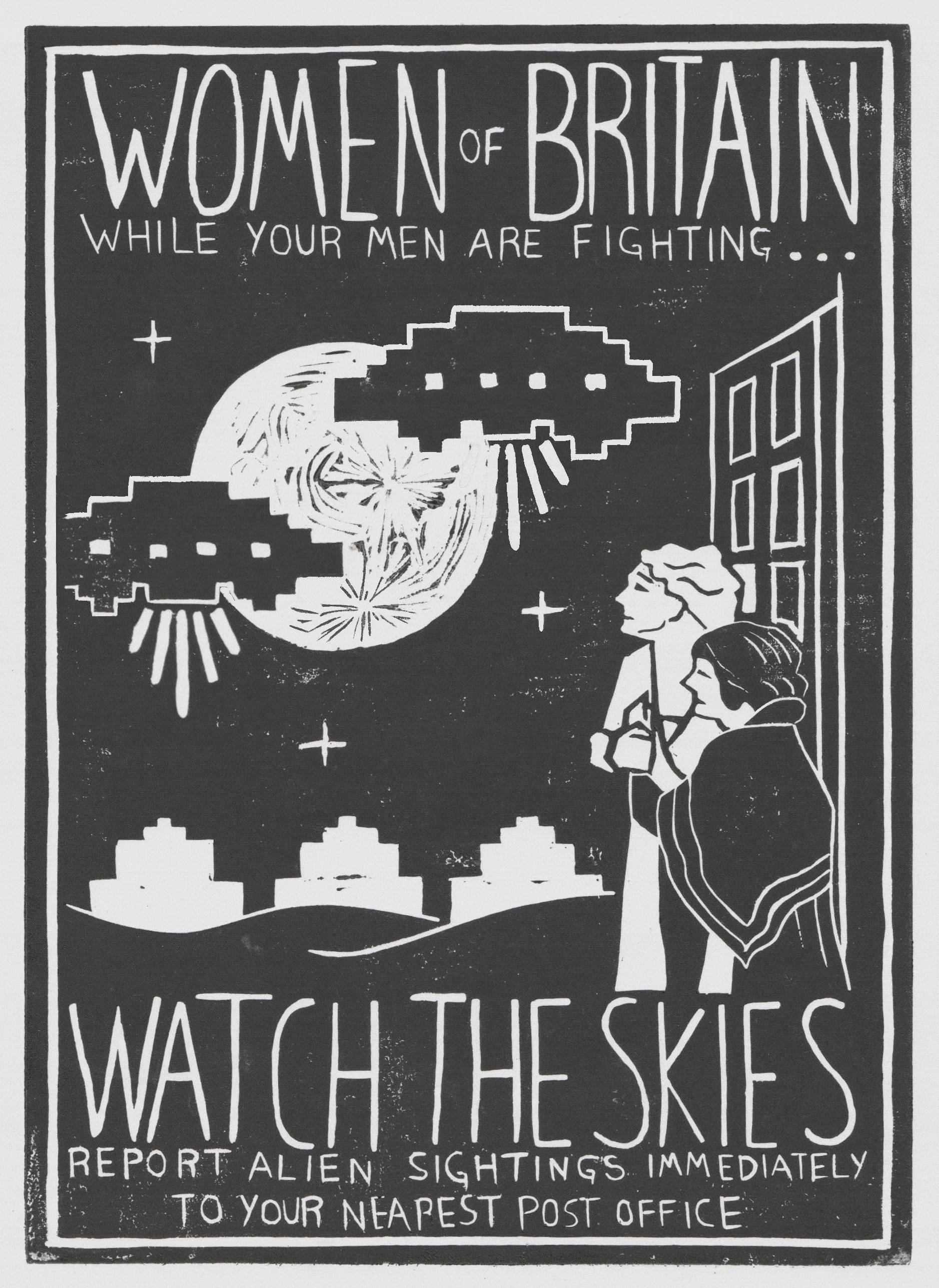 Animation of World War One era posters with flying saucers in style of Space Invaders arcade game