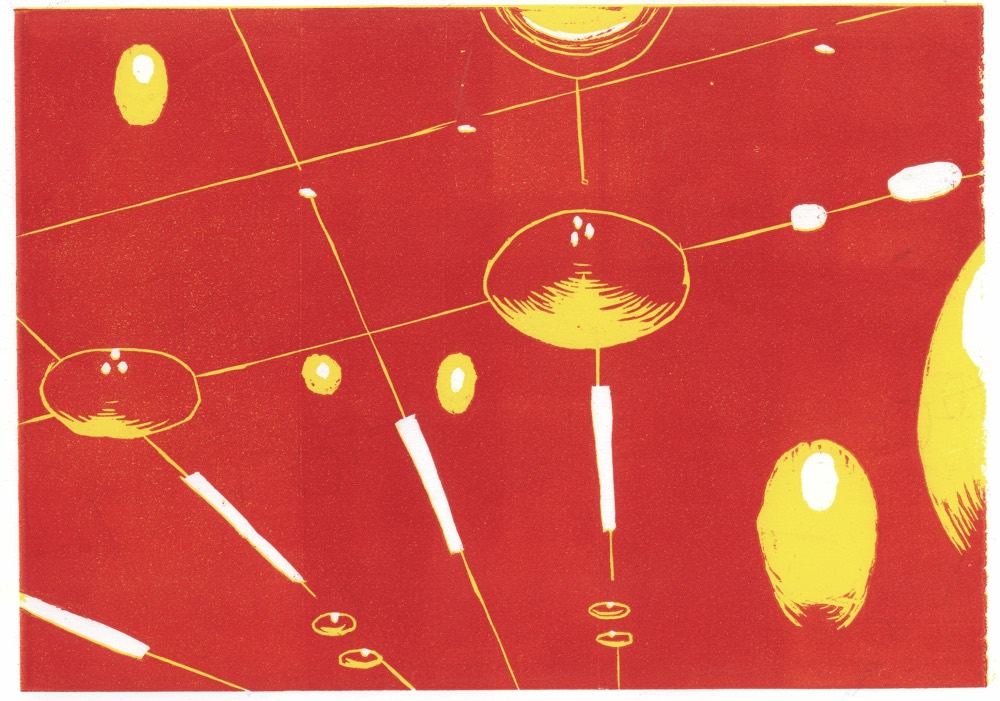Woodblock print of ceiling of building with lights
