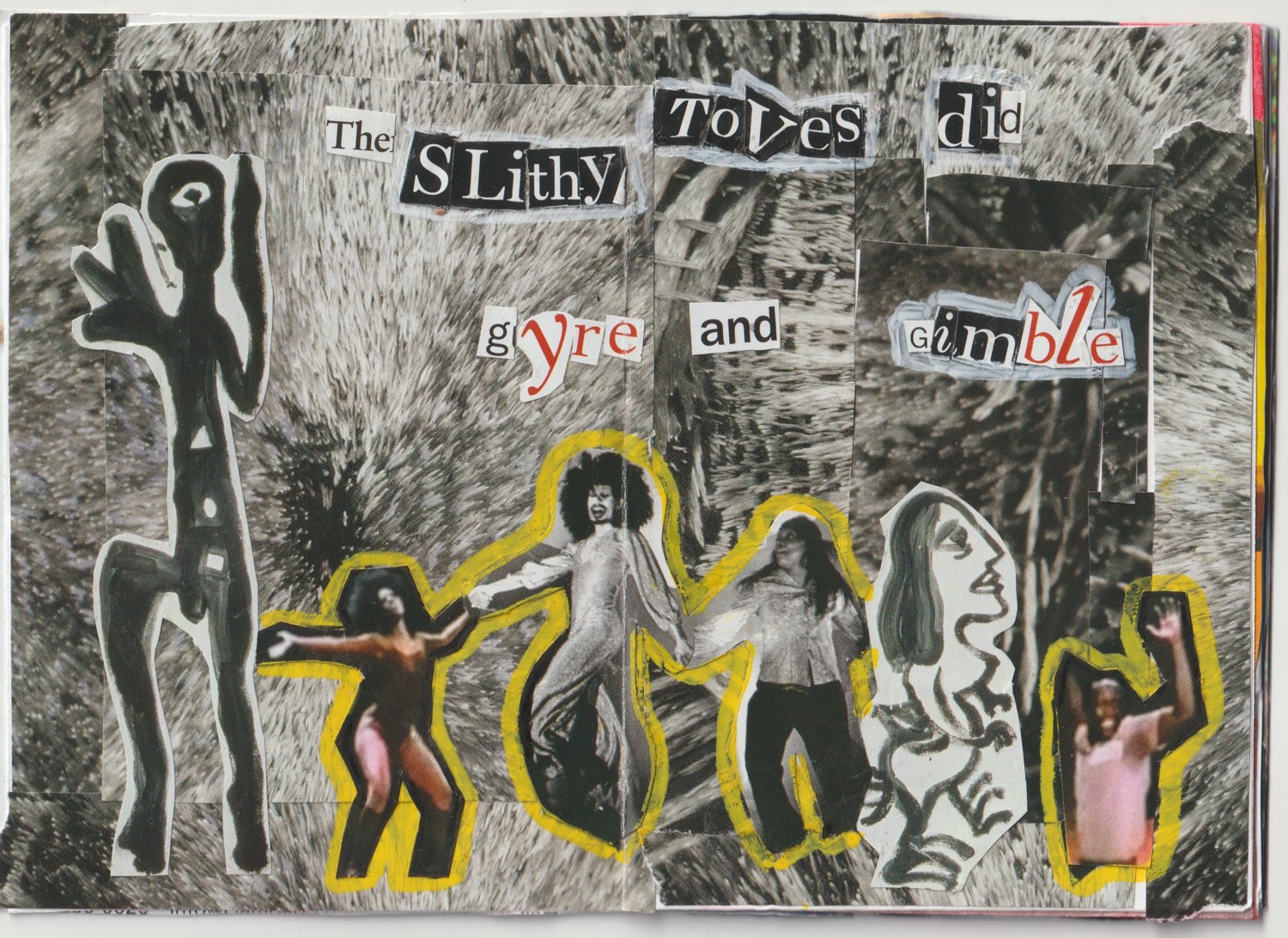 Interior of zine showing cut-out words and images with overpainting
