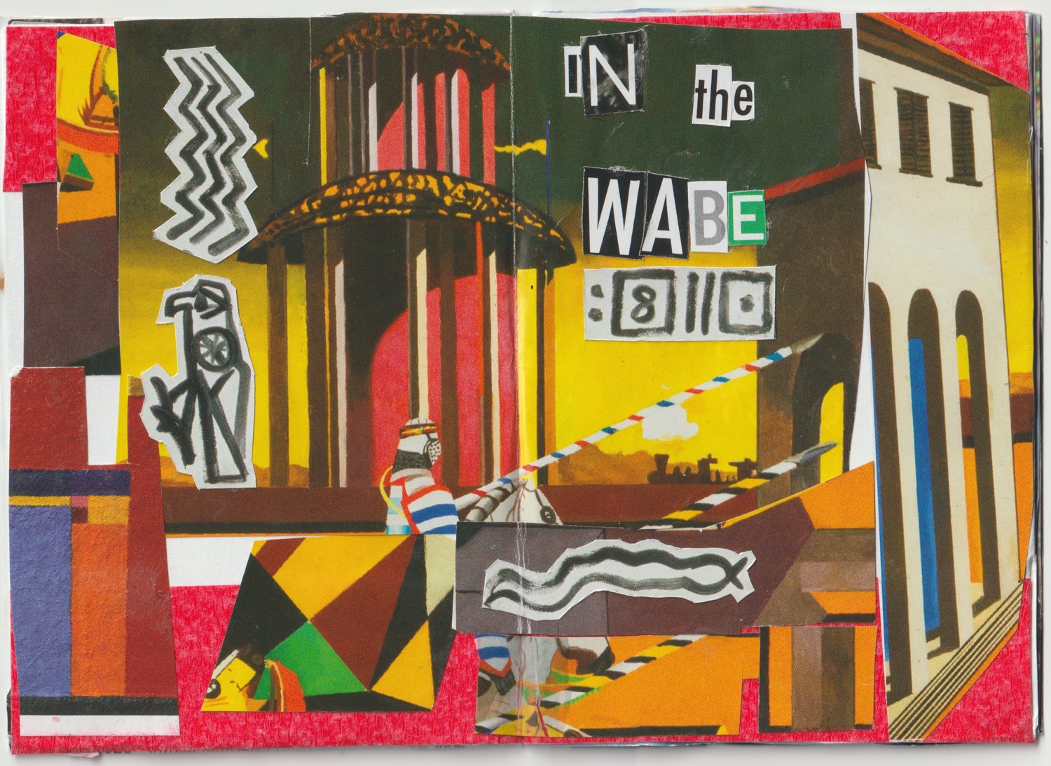 Interior of zine showing cut-out words and images with overpainting